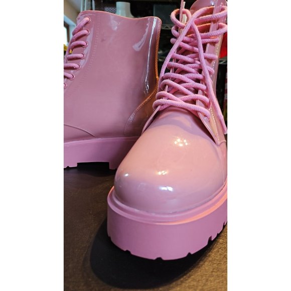 BNWoT NEVER WORN Chunky Pink platform LaceUp Boots Wellies Rubber Platform Shoes - Picture 7 of 14